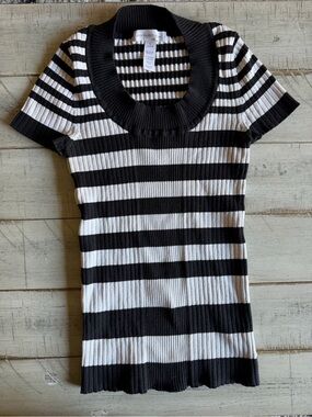 Ambiance Apparel Y2K Black & White Striped Ribbed Short-Sleeve Top